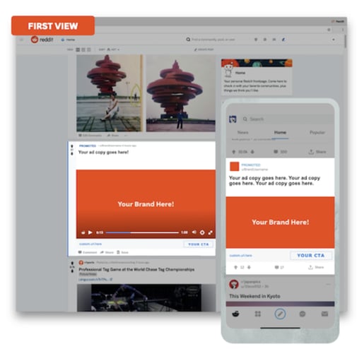 A mockup of Reddit's  first view ads